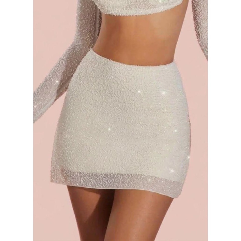 Oh Polly Ivory Beaded Sequined Sheer Overlay A line Mini Skirt Size 4 NWT